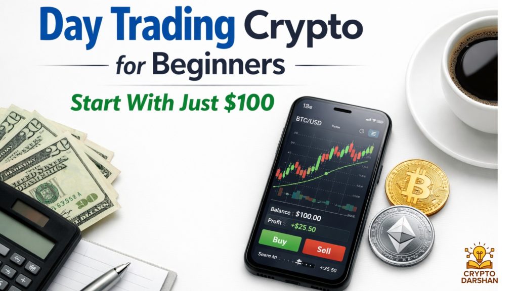 Day Trading Crypto for Beginners: Start With Just $100 create an image in white background horizantally.