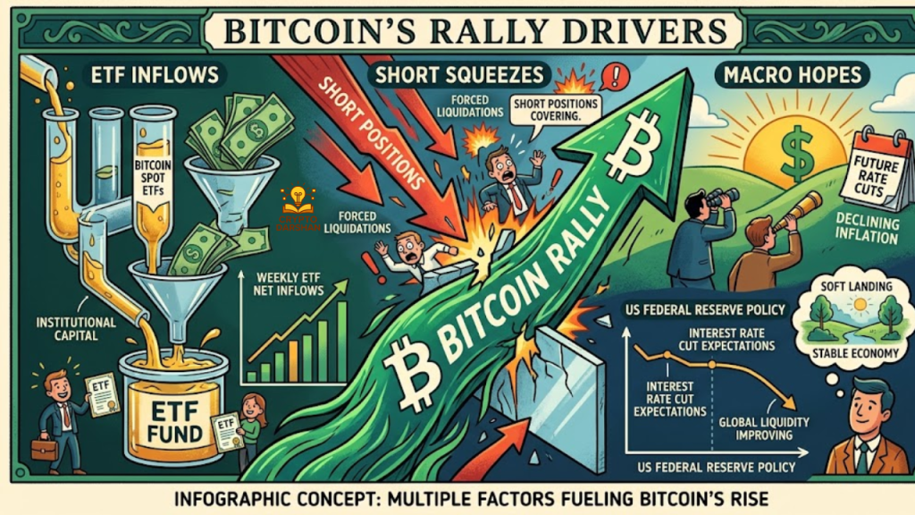 Bitcoin’s rally: ETF inflows, short squeezes, and macro hopes
