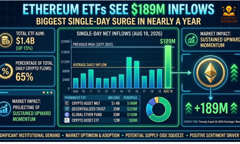 Ethereum ETFs See $189M Inflows: Biggest Single-Day Surge in Nearly a Year